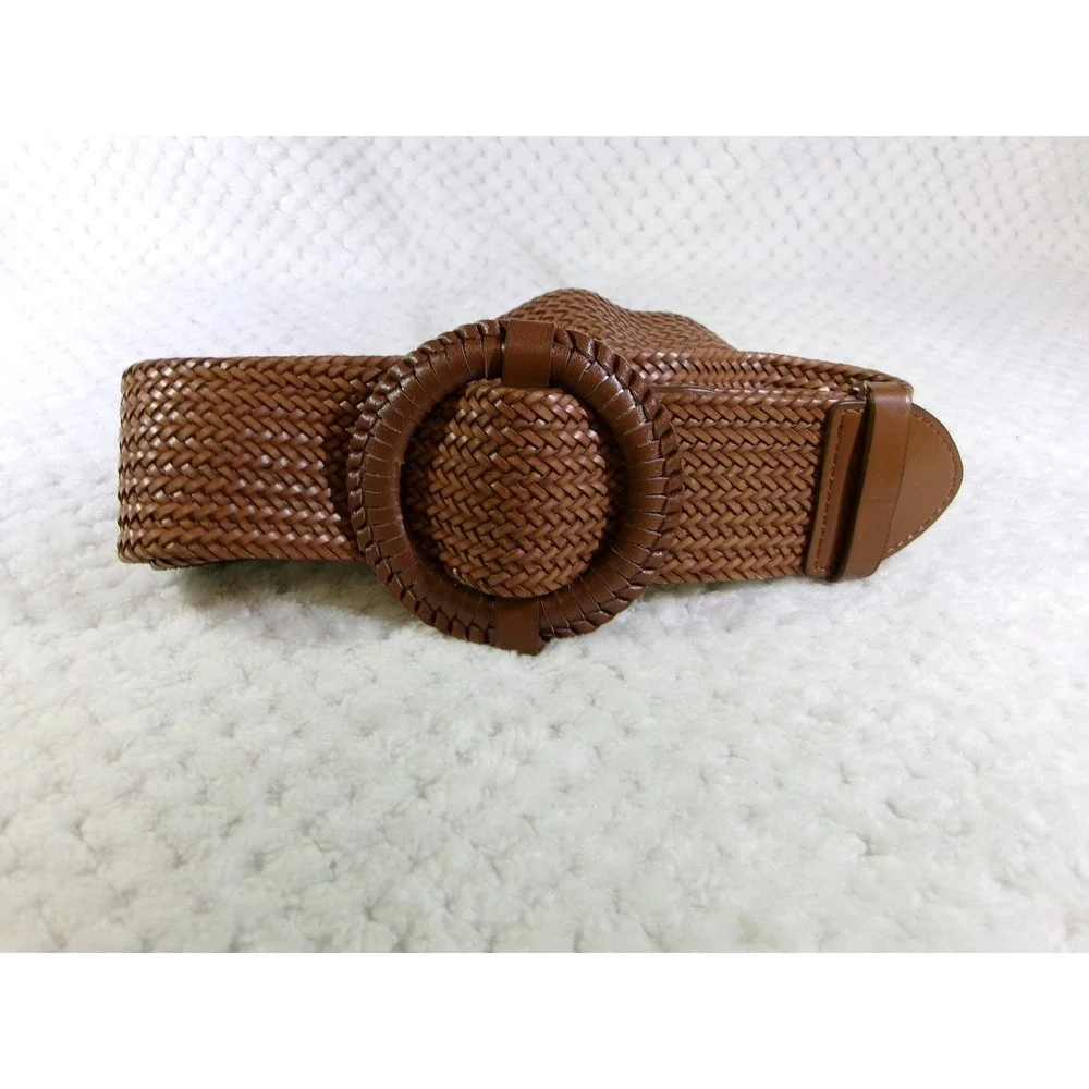 Old Navy Cognac Brown Wide Braided Belt M L Faux Leather Round Buckle Boho Woven